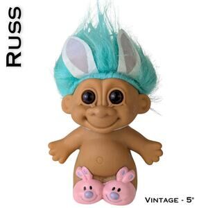 VTG Russ Easter Bunny Troll Doll 5" Girl Pink Bunny Slippers Ears Blue Hair